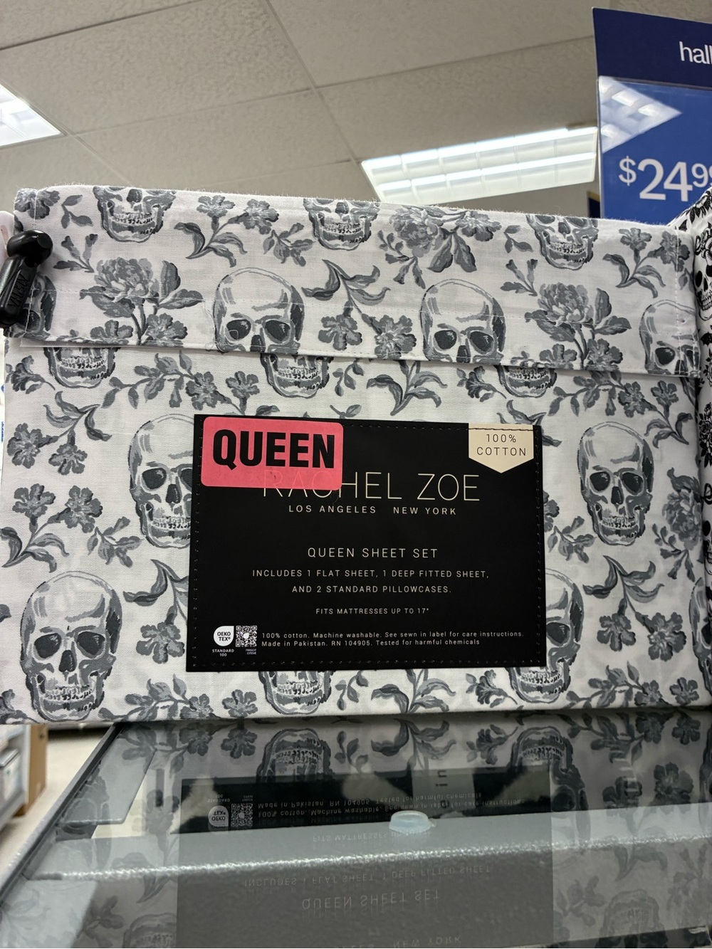 Rachel Zoe White Sheet Set with Gray Skull & Floral Pattern - Queen